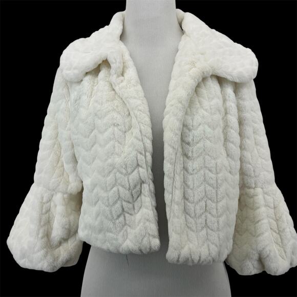 Tacera Size Small Cropped Faux Fur Jacket Open Front Ivory White Plush Event - Picture 1 of 6